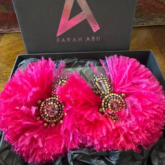 Farah Abu Khiloni Oversized Statement Earrings in Pink Feathers and Crystals - Picture 2 of 5